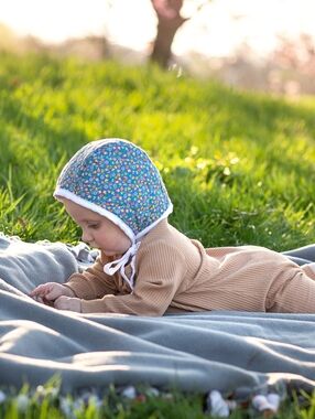 Upcycled Quilted Baby Bonnet Blue Mushroom Fully Lined 6-12 months